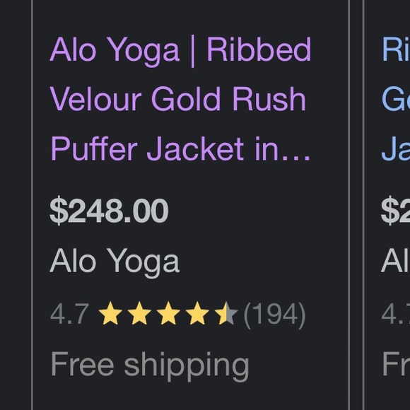NWT - Alo Yoga Ribbed Velour Gold Rush Puffer, M - Picture 3 of 3